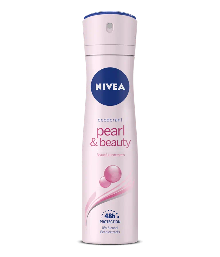 Nivea Pearl & Beauty Deodorant Spray with pearl extracts for 48-hour protection and smooth skin.