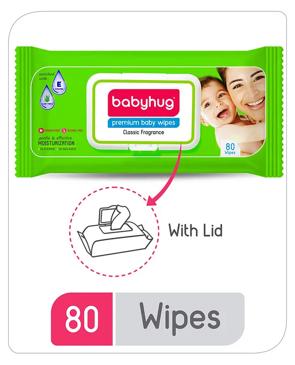 Babyhug Premium 98% Water Baby Wet Wipes with Moisturising Aloe Vera With Lid - 80 Pieces