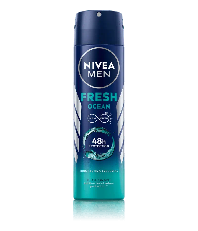 NIVEA MEN Fresh Ocean Deodorant offers up to 48 hours of odor protection with a refreshing ocean scent, keeping you fresh and confident.