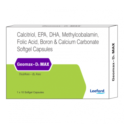 Geomax-D3 Max (Calcitriol 0.25 mcg, Calcium Carbonate 500 mg eq. to elemental Calcium 200 mg, Fish oil eq. to DHA 120 mg & EPA 180 mg, Boron as Disodium Tetraborate 1.5 mg, Methylcobalamin 1500 mcg & Folic acid 400 mcg)