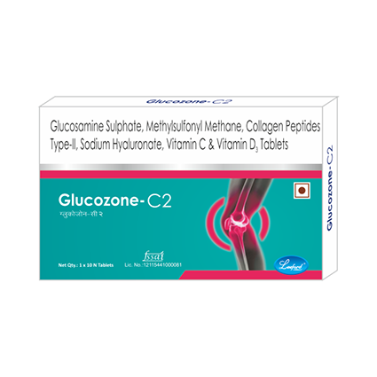 Glucozone C2 ( Glucosamine Sulphate 750 mg, Methylsulfonymethane 500 mg, Collagen Peptides Type-II 40 mg, Sodium Hyaluronate 30 mg, Vitamin C 35 mg & Vitamin D3 10 mcg (400 IU)